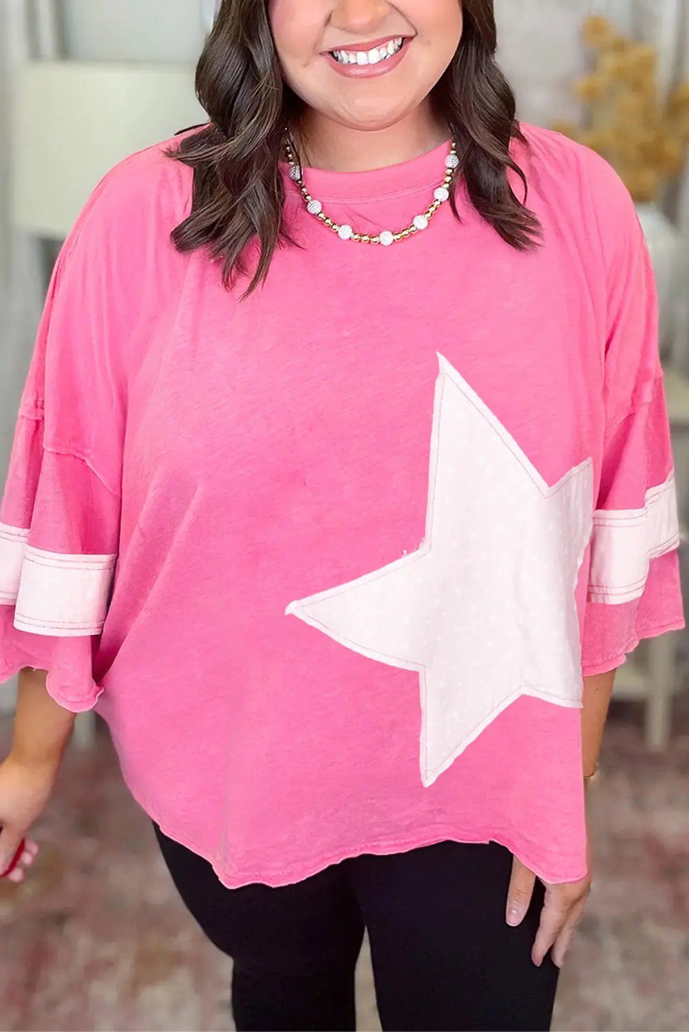 Plus Size Pink Star Patched Colorblock Raw Edge Loose Tee Dear-Lover Dropshipping