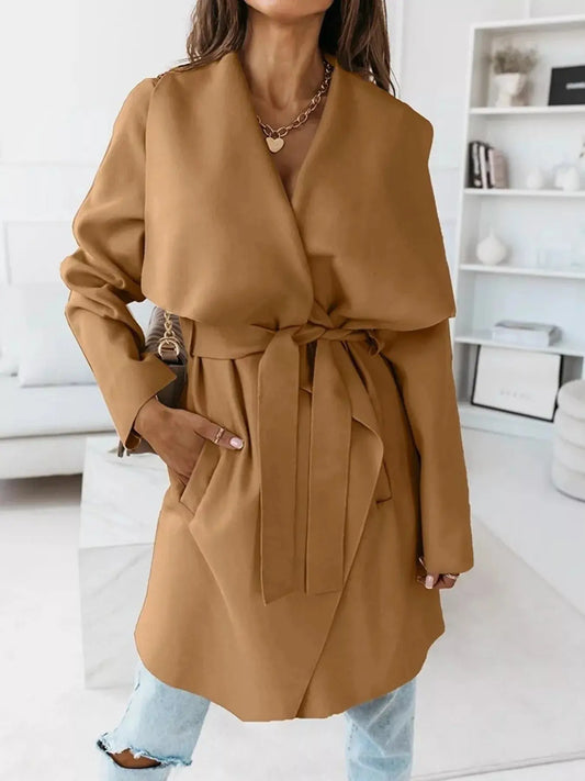 Tie Waist Long Sleeve Outerwear Simply Love
