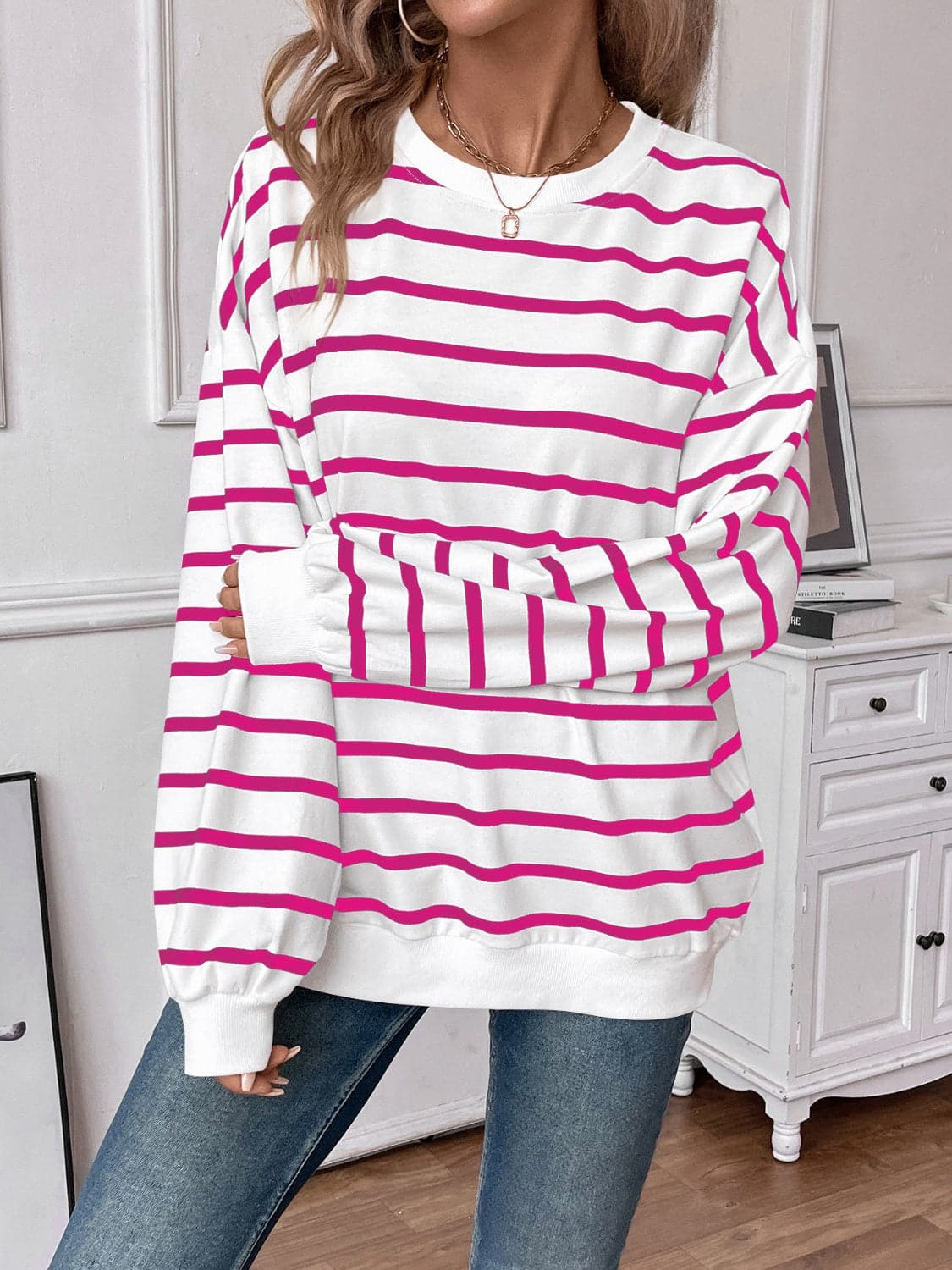 Striped Round Neck Long Sleeve Sweatshirt.