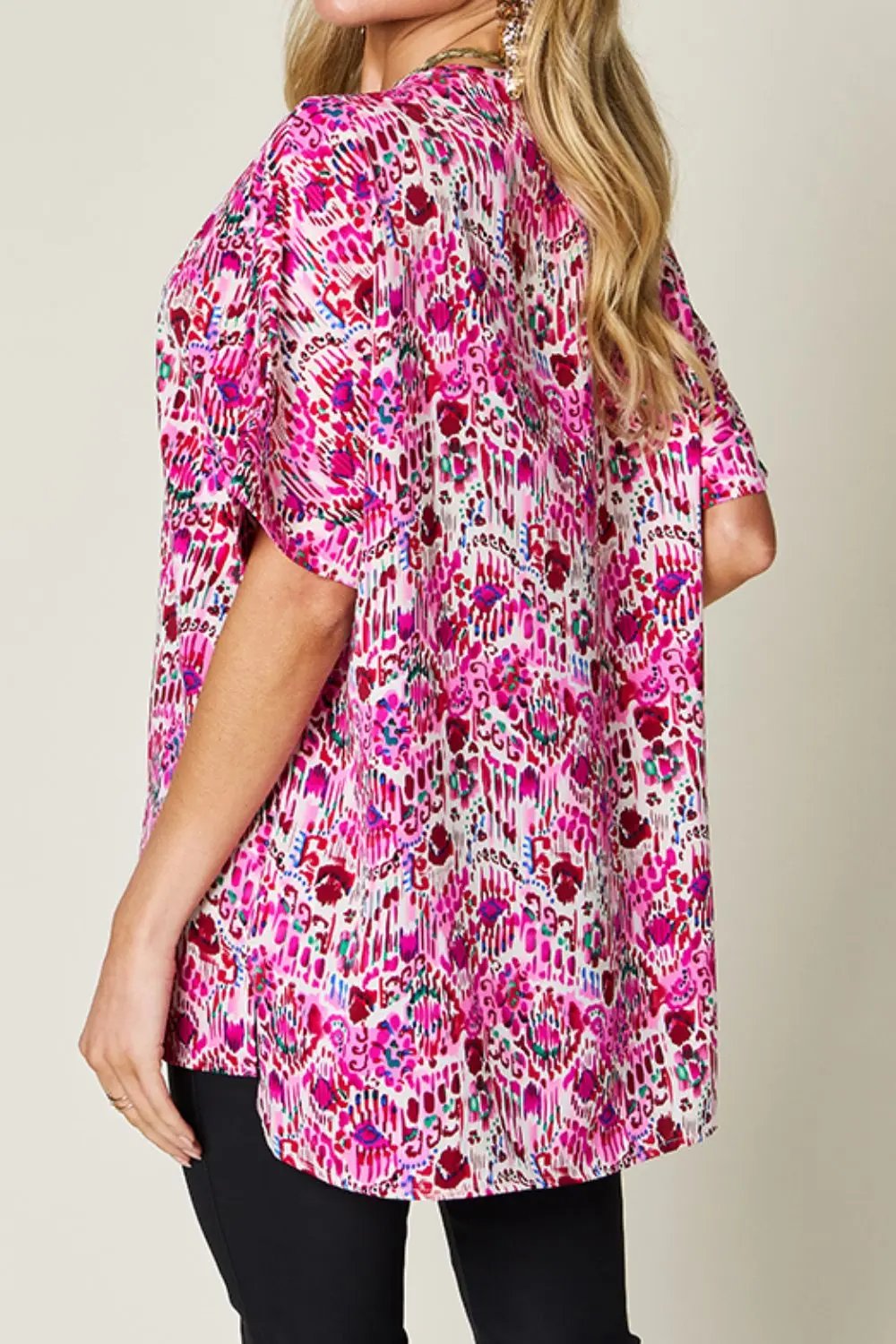 Double Take Full Size Printed V-Neck Short Sleeve Blouse - Love Salve