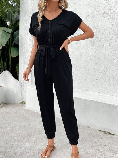 V-Neck Short Sleeve Jumpsuit.