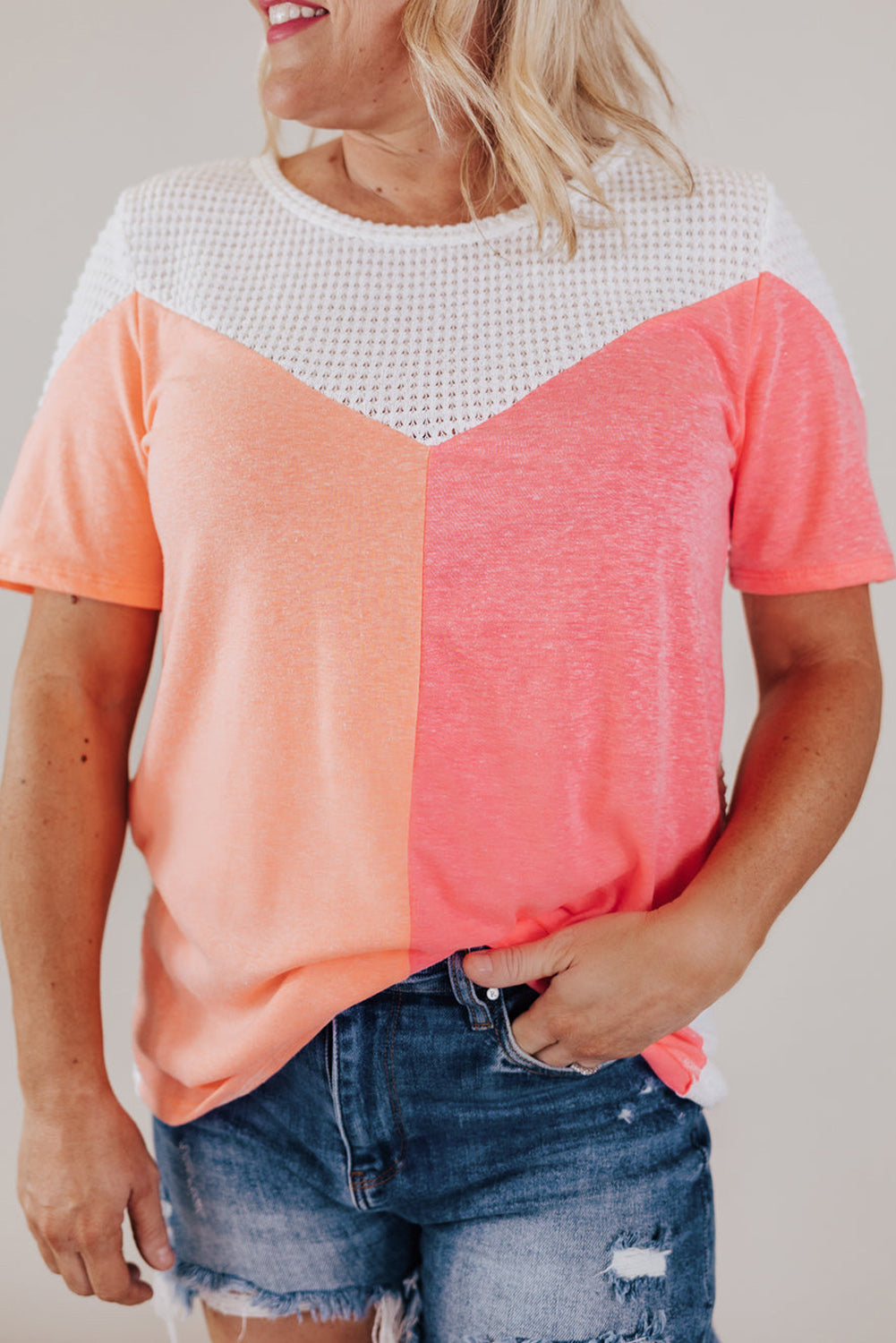 Chic white plus size colorblock waffle knit top