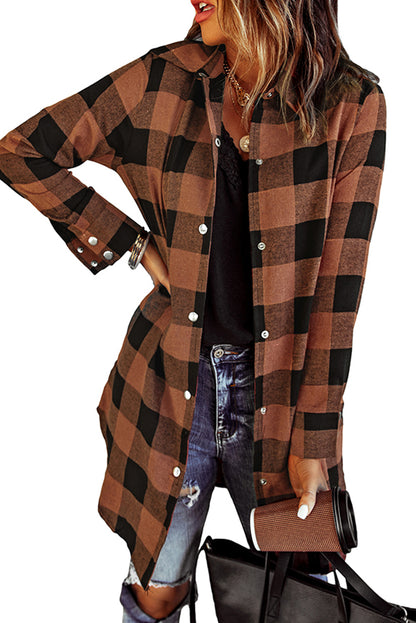 Chic brown plaid shirt coat with turn-down collar