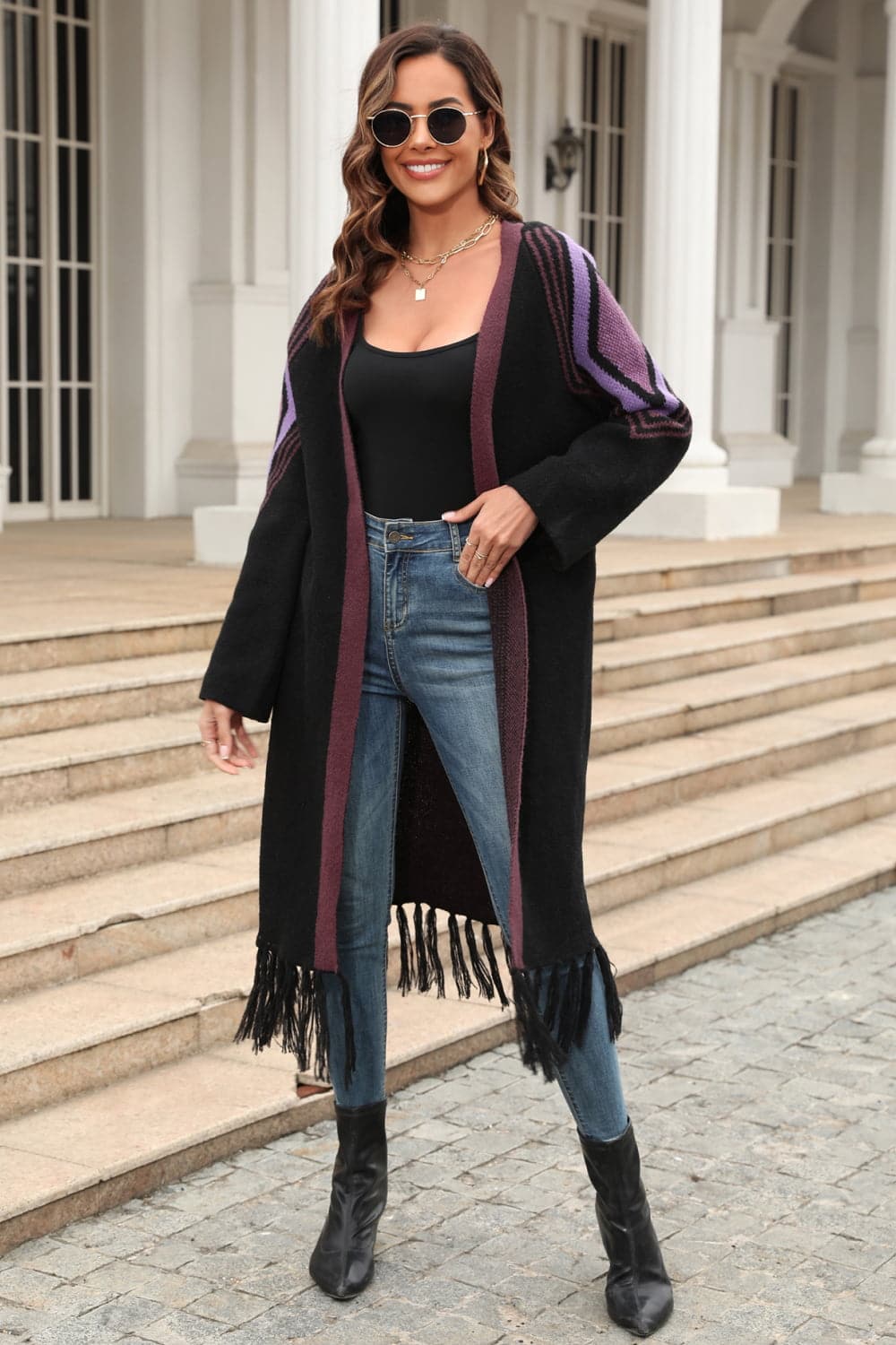 Geometric Fringe Hem Open Front Duster Cardigan.