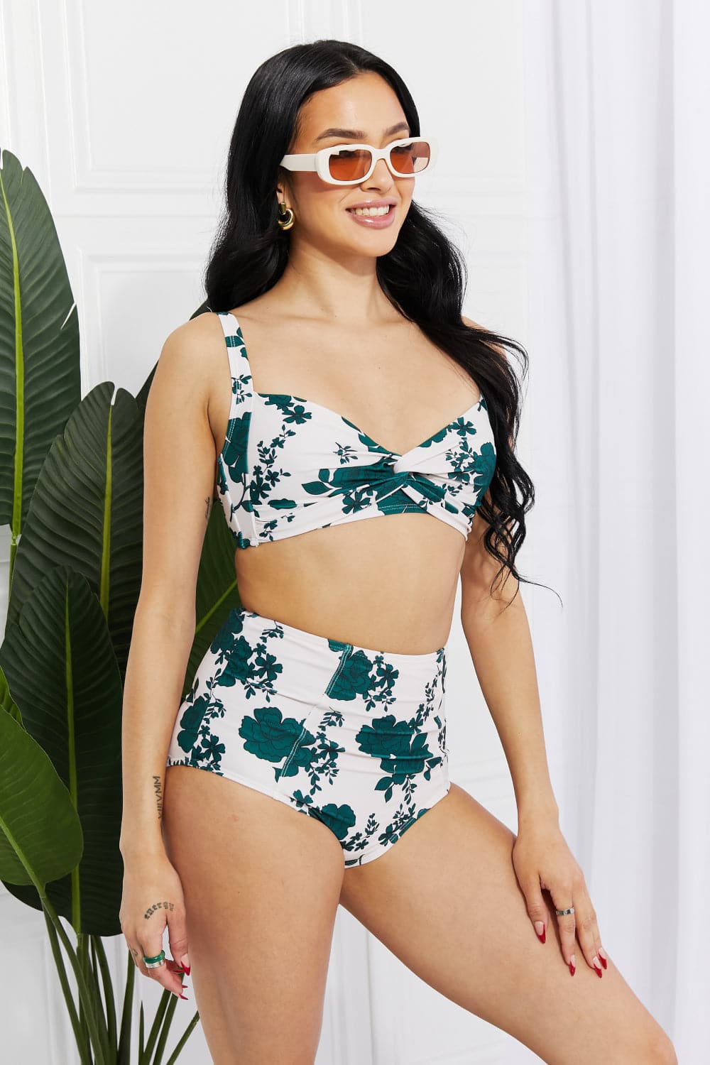 Marina West Swim Take A Dip Twist High-Rise Bikini in Forest.