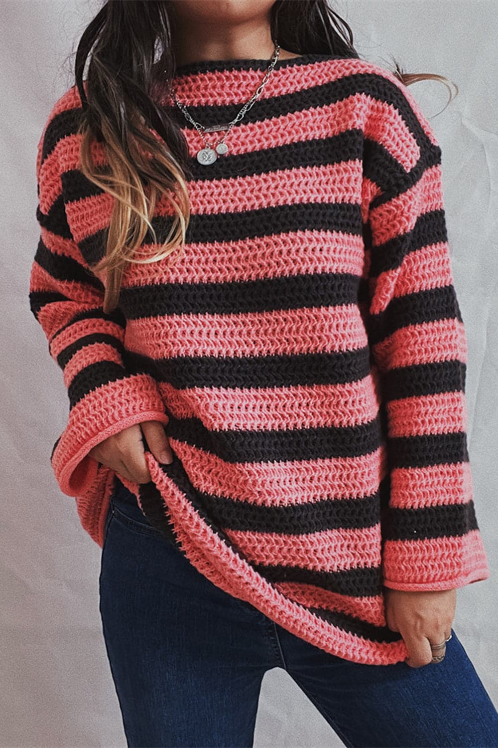 Striped Round Neck Dropped Shoulder Sweater.