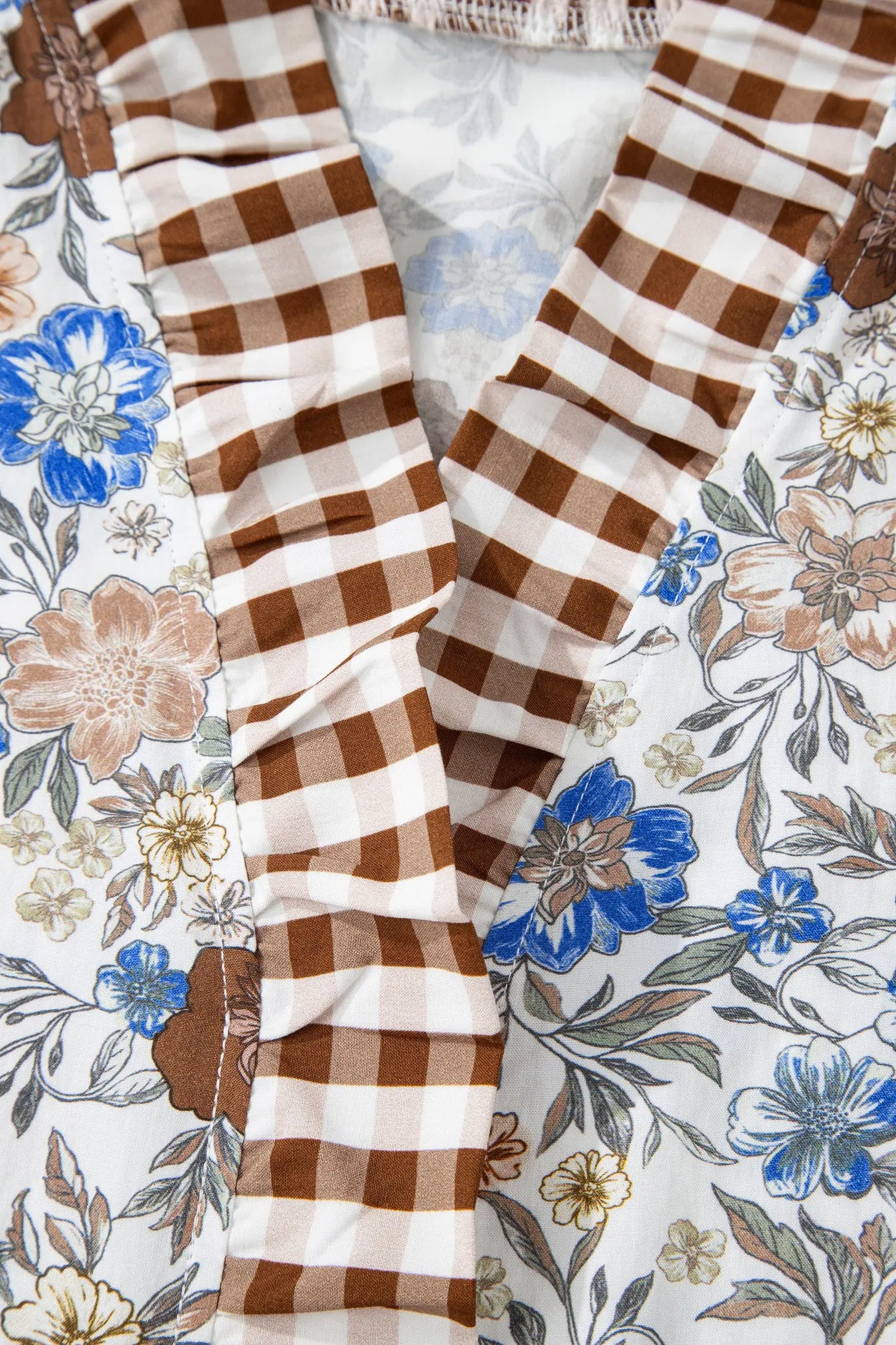 Brown Plaid Frilled Trim V Neck Floral Long Sleeve Blouse Dear-Lover Dropshipping