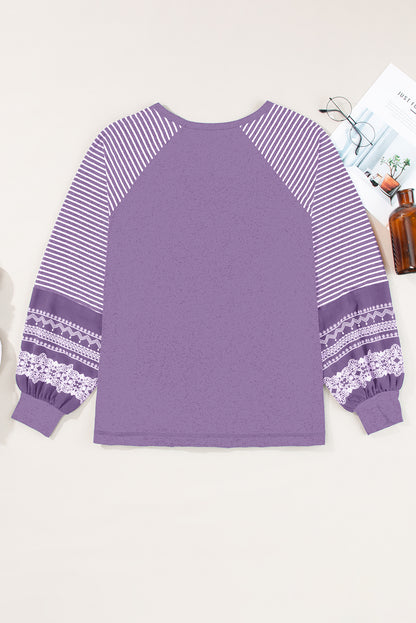 Tillandsia Purple Contrast Striped Raglan Long Sleeve Top
