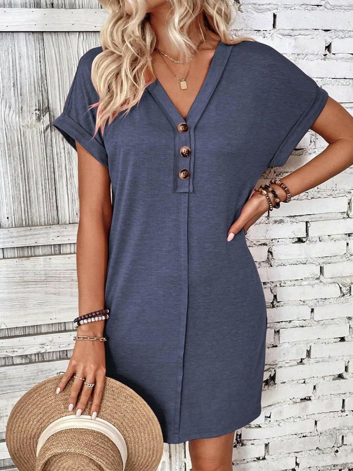 Quarter Button V-Neck Short Sleeve Dress.