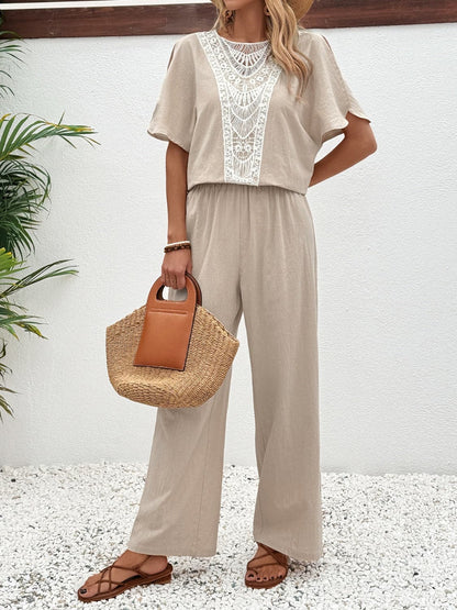 Lace Detail Round Neck Top and Pants Set.