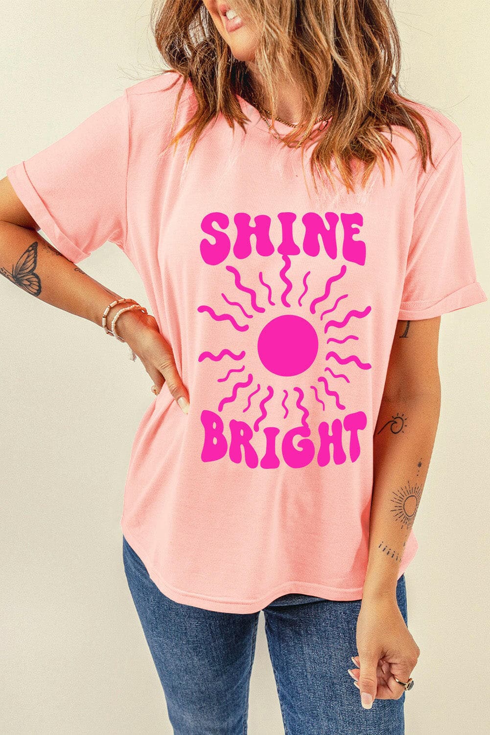 SHINE BRIGHT Round Neck Short Sleeve T-Shirt.