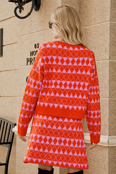 Geometric Dropped Shoulder Cardigan and Knit Skirt Set.