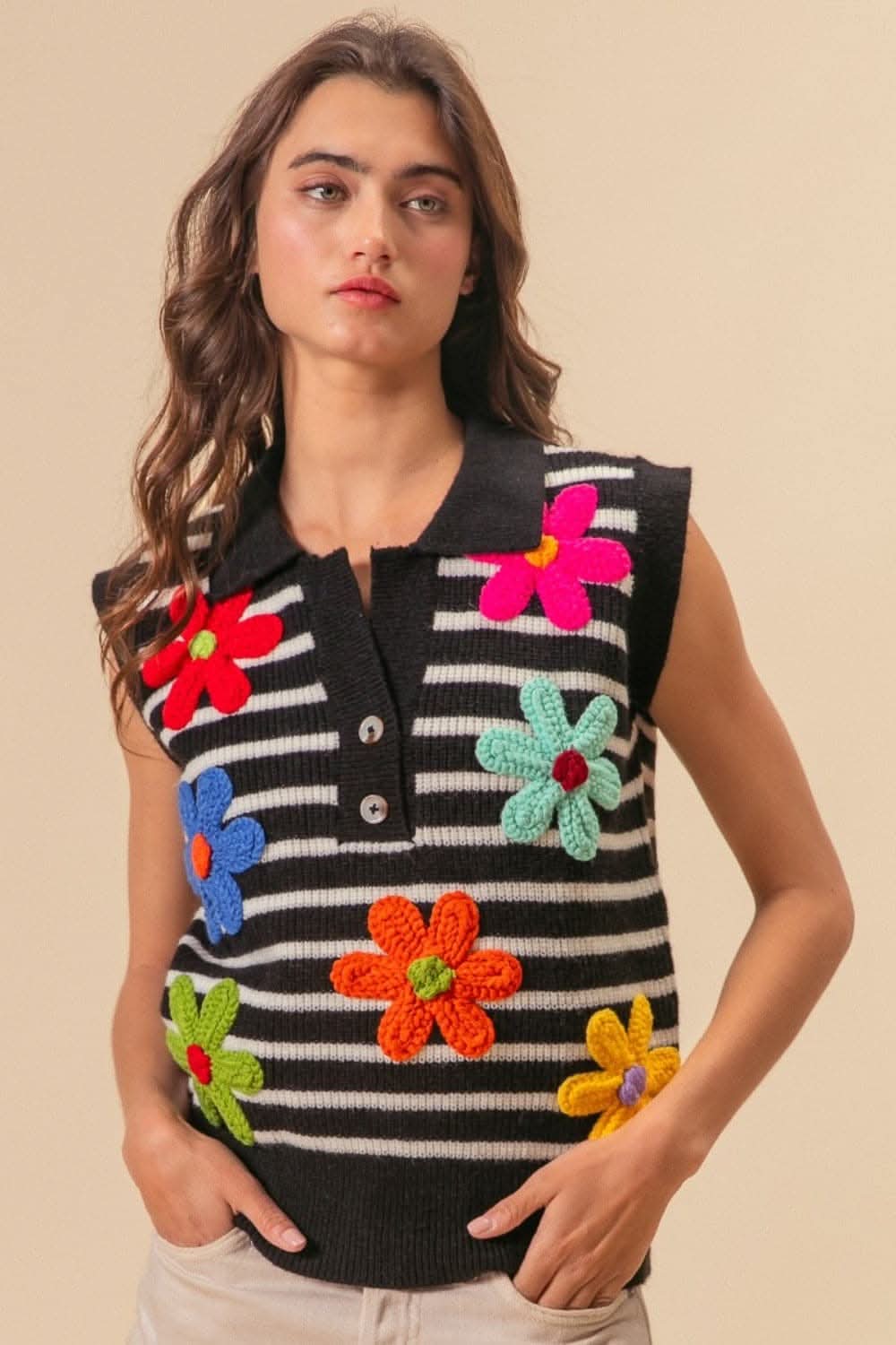 BiBi Flower Patch Striped Half Button Sweater Vest - Love Salve 