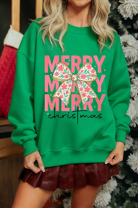 Dark Green Merry Christmas Floral Bow Graphic Drop Shoulder Sweatshirt Dear-Lover Dropshipping