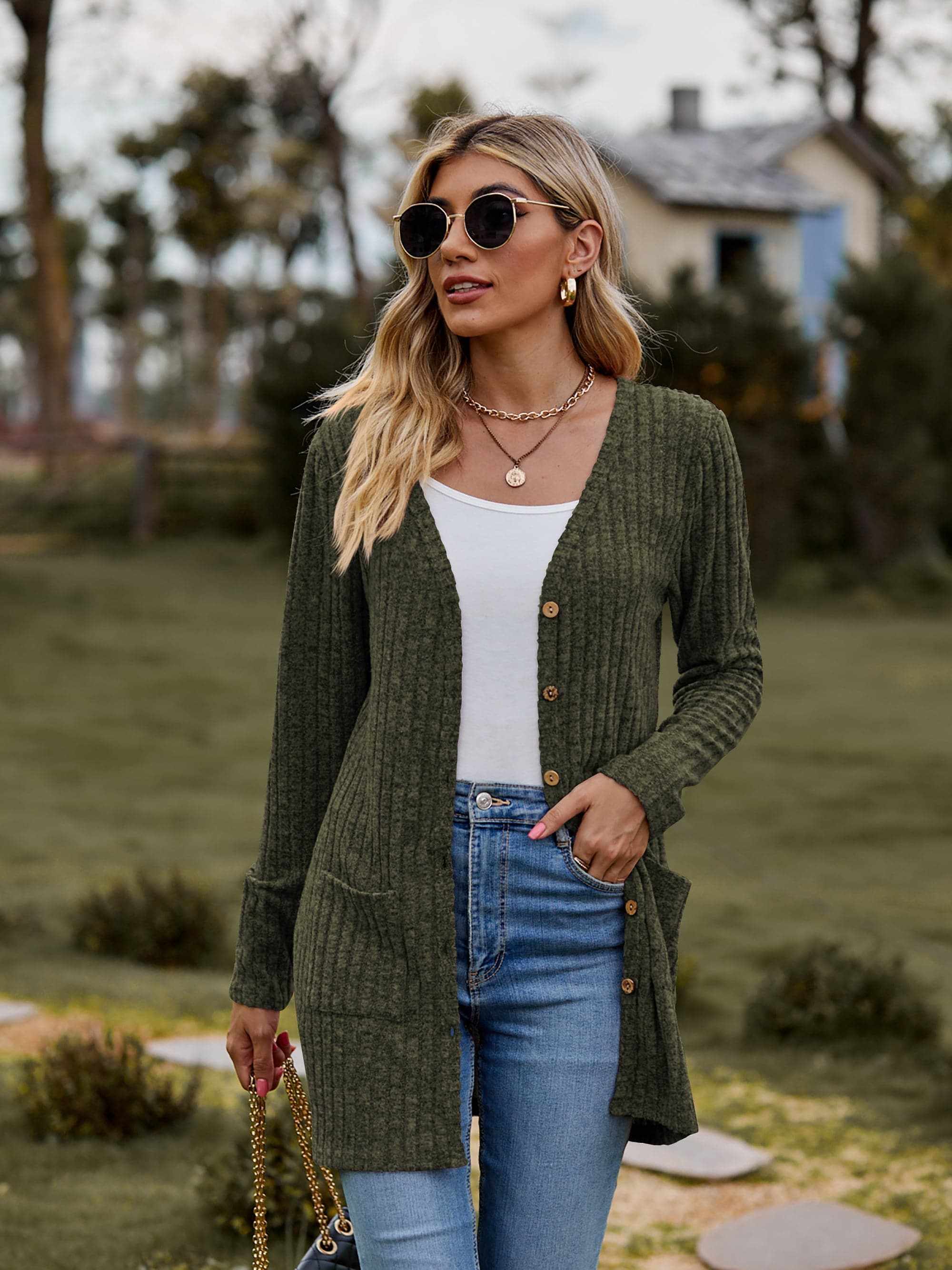 Heathered ribbed cardigan with pockets - Love Salve 