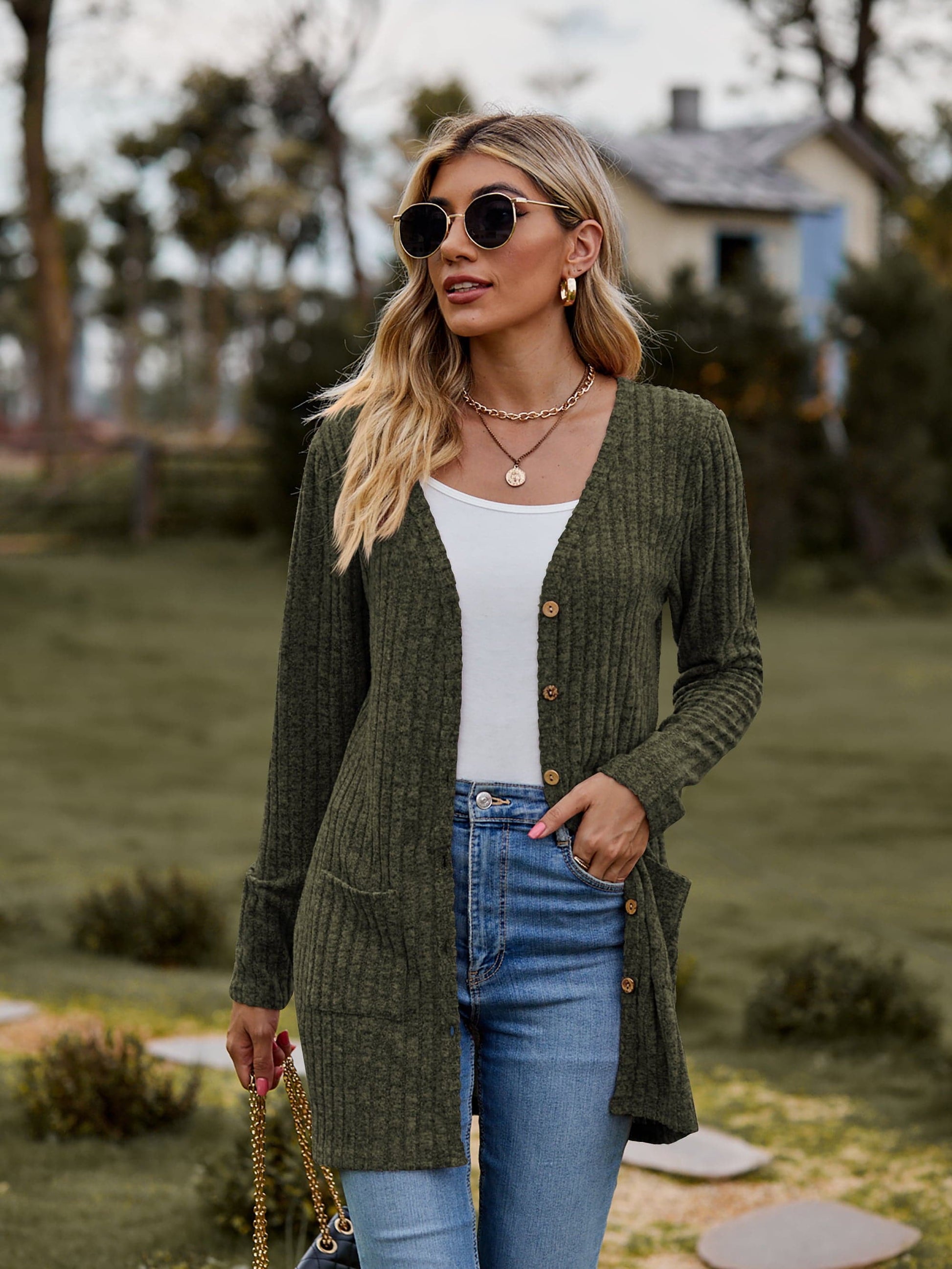 Ribbed Button-Up Cardigan with Pockets.