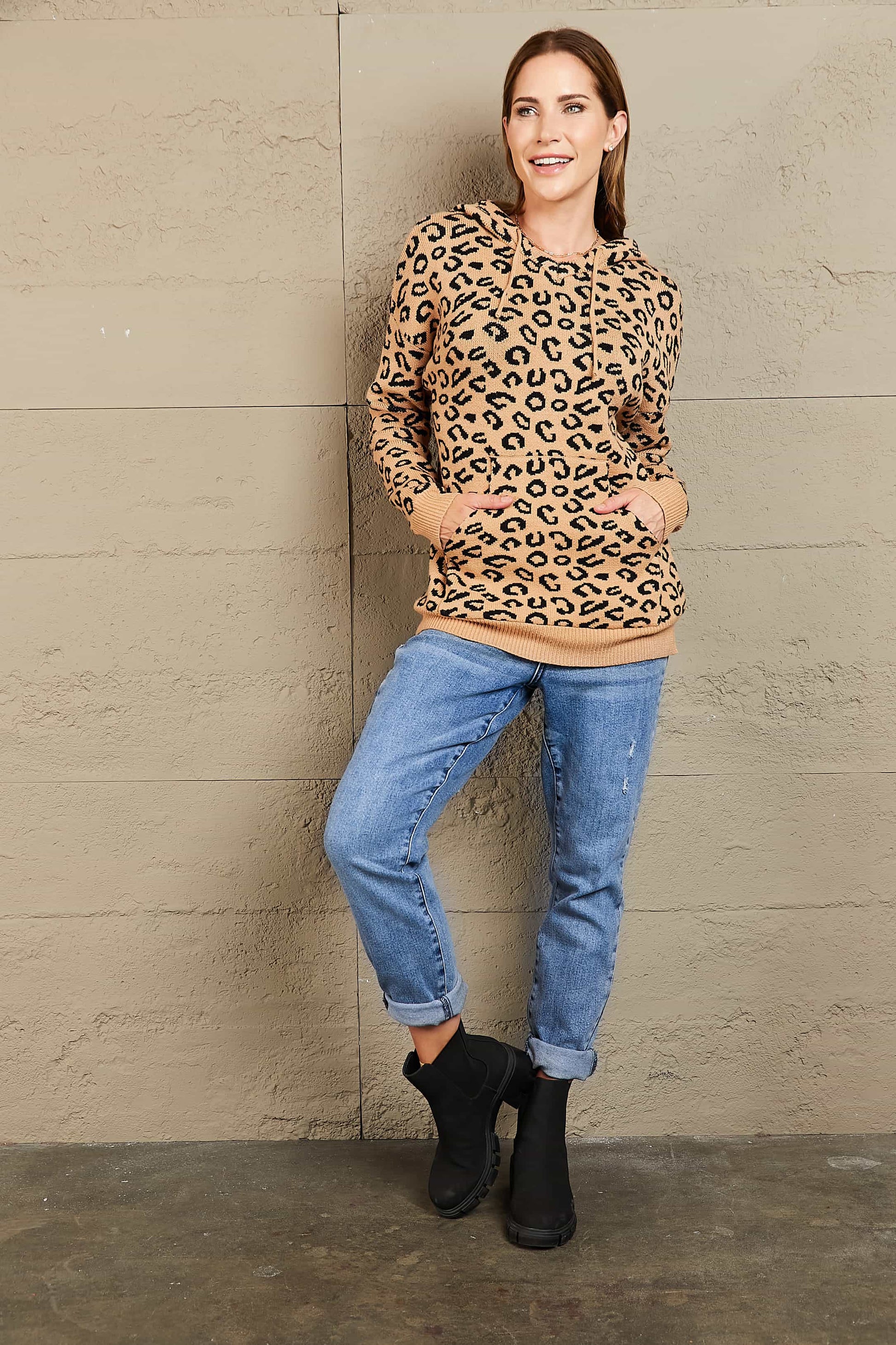 Woven Right Leopard Print Drawstring Hooded Sweater.