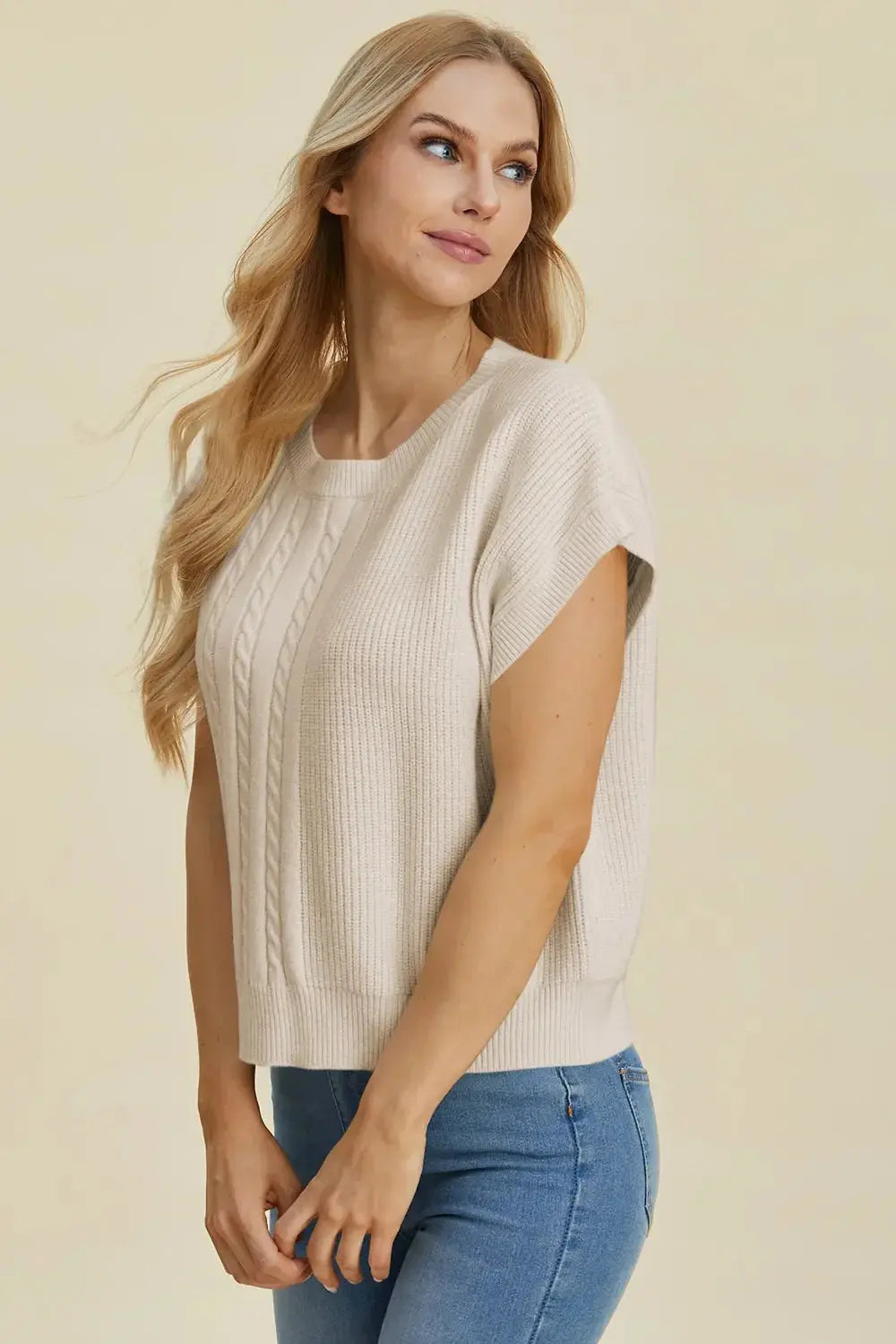 Double Take Full Size Cable-Knit Round Neck Short Sleeve Sweater - Love Salve
