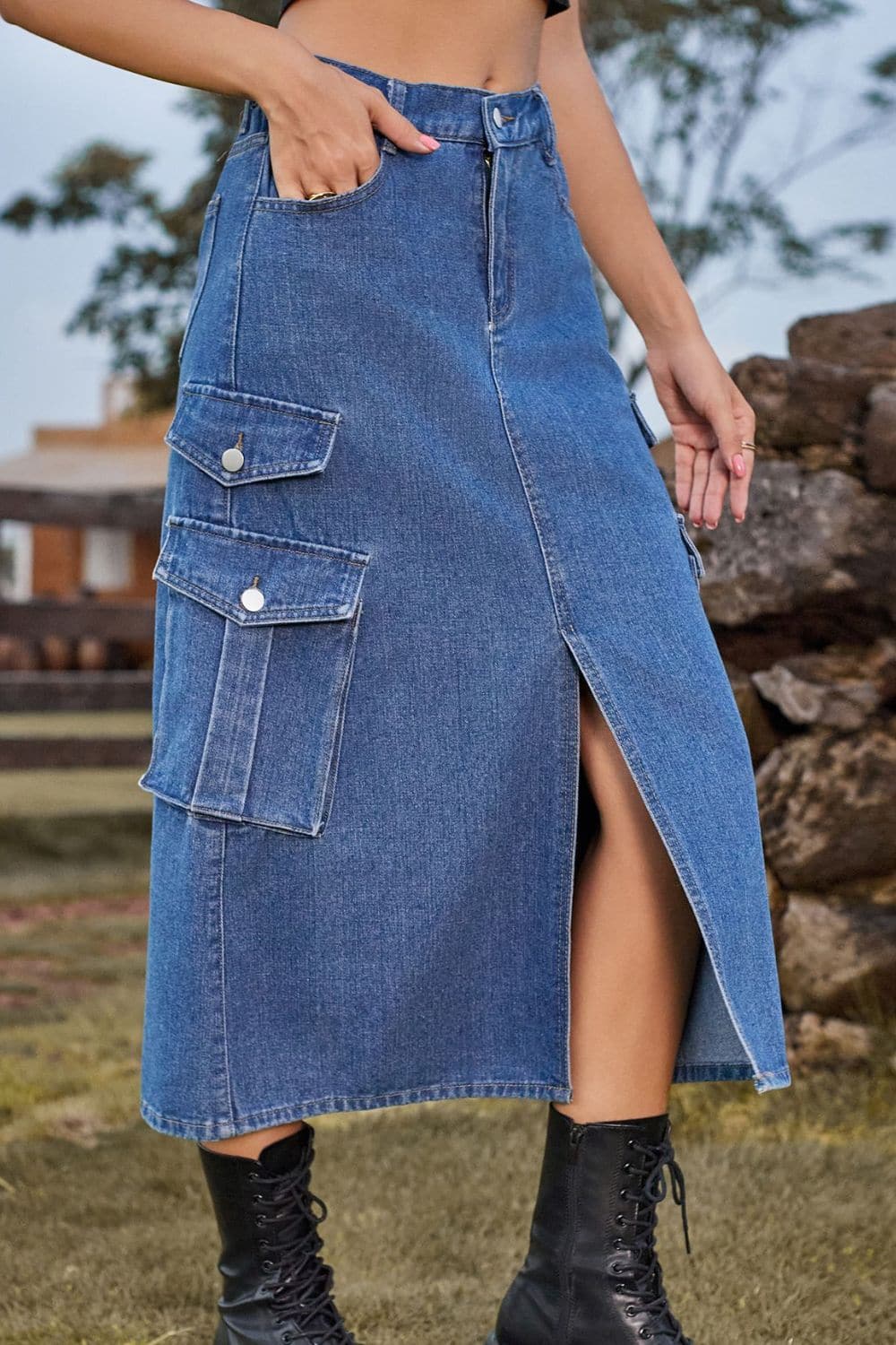 Slit Front Midi Denim Skirt with Pockets.