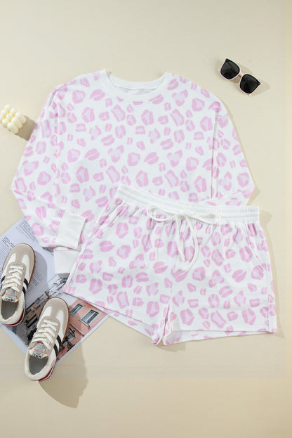 Chic pink leopard print lounge set with long sleeves and shorts