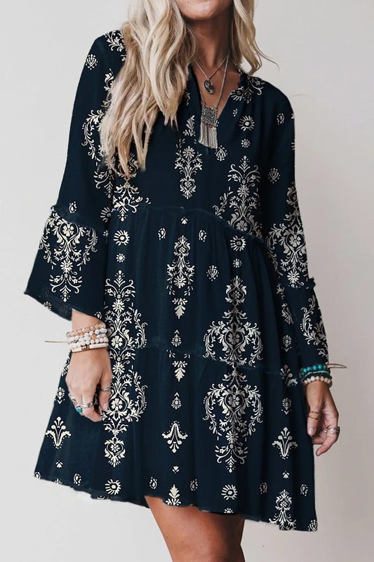 Blue Boho Floral Print Lettuce Trim Mini Dress With Three Quarter Sleeves Dear-Lover Dropshipping