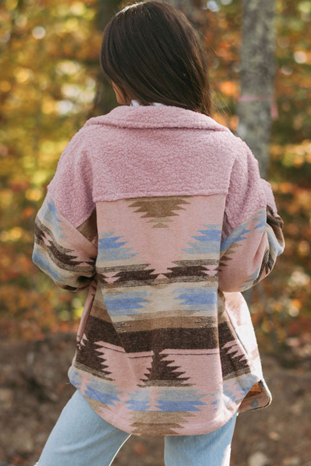 Cozy pink Aztec print sherpa coat with flap pockets