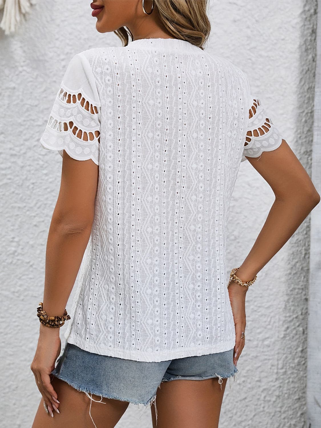 Full Size Eyelet Round Neck Short Sleeve Top.