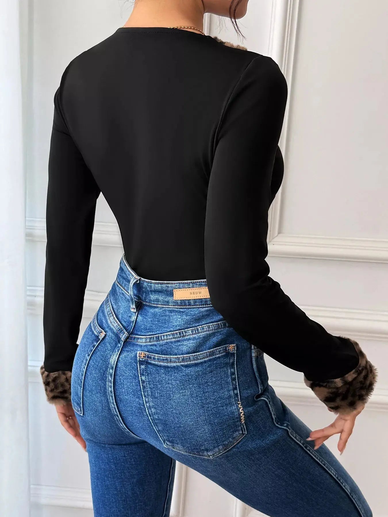 Leopard Trim V-Neck Long Sleeve Bodysuit Simply Love