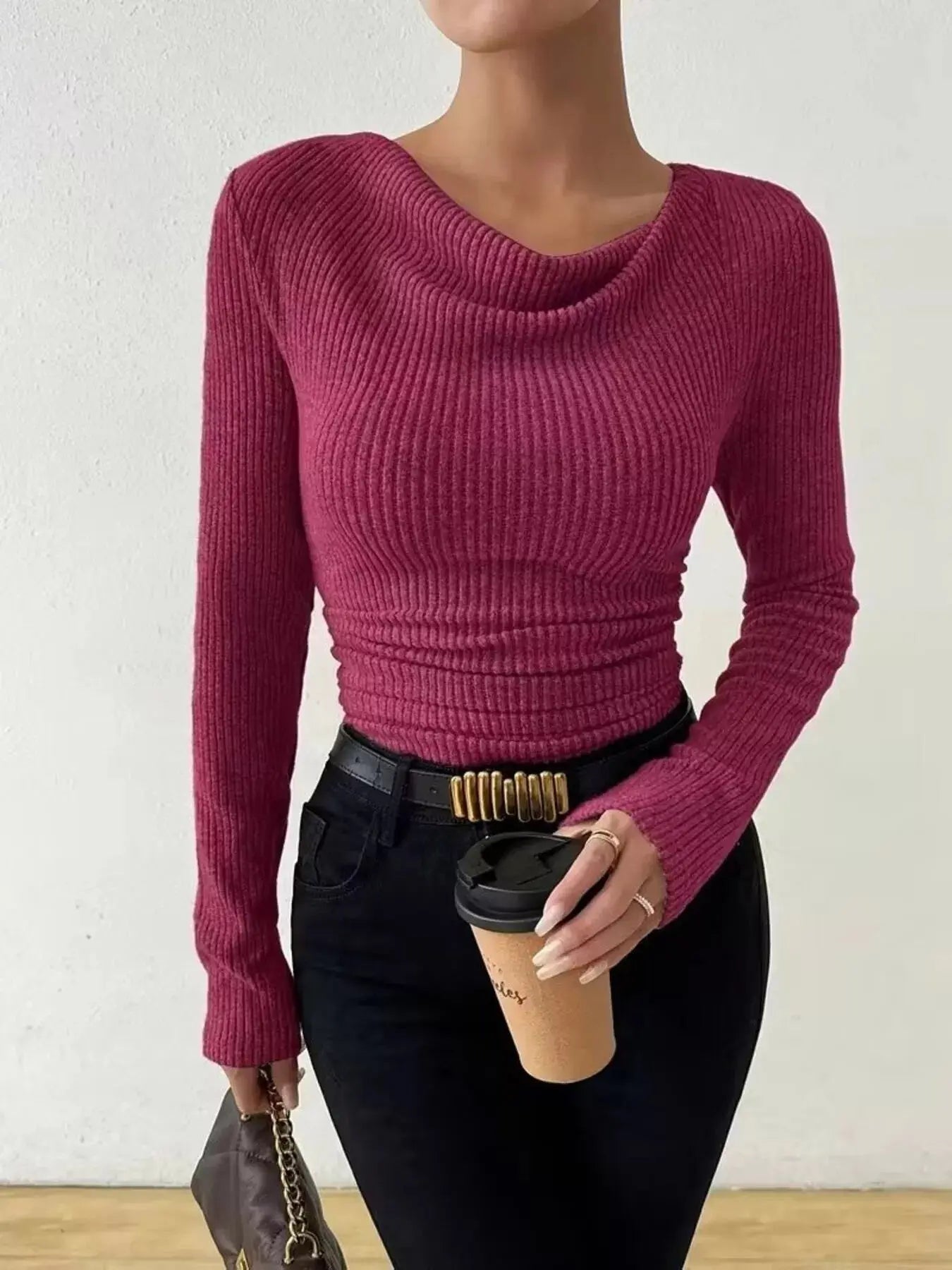 Cowl Neck Ribbed Knit Top Simply Love