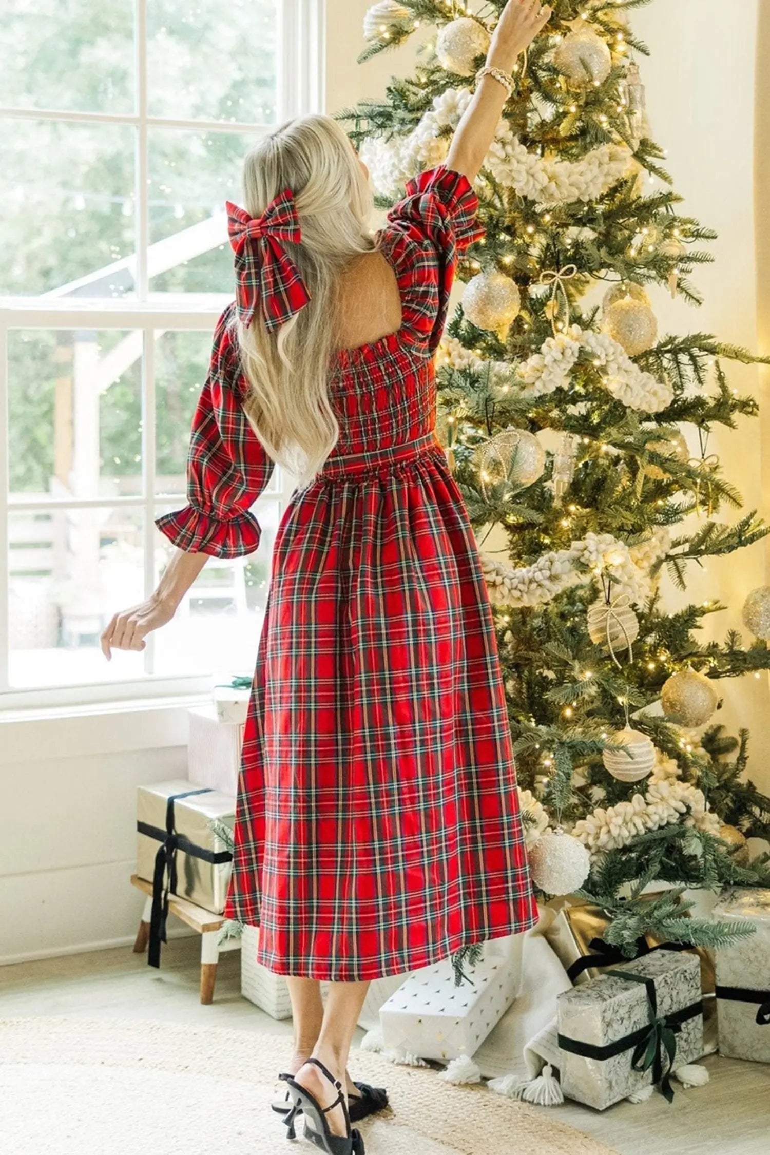 Red Tartan Plaid Square Neck Puff Sleeve Knot Waist Flared Midi Dress Dear-Lover Dropshipping