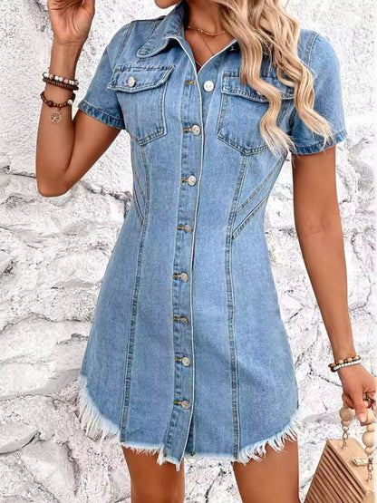 Raw Hem Button Up Short Sleeve Denim Dress.