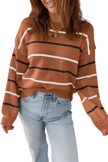 Brown Stripe Ribbed Edge Drop Shoulder Cozy Knit Sweater