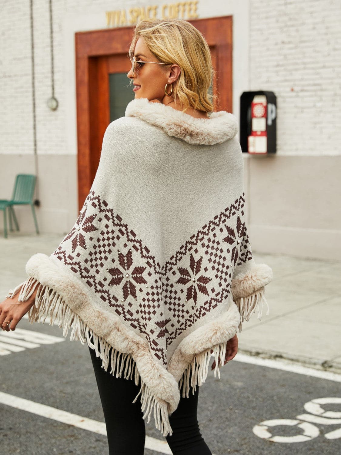 Fringe Geometric Cape Sleeve Poncho.