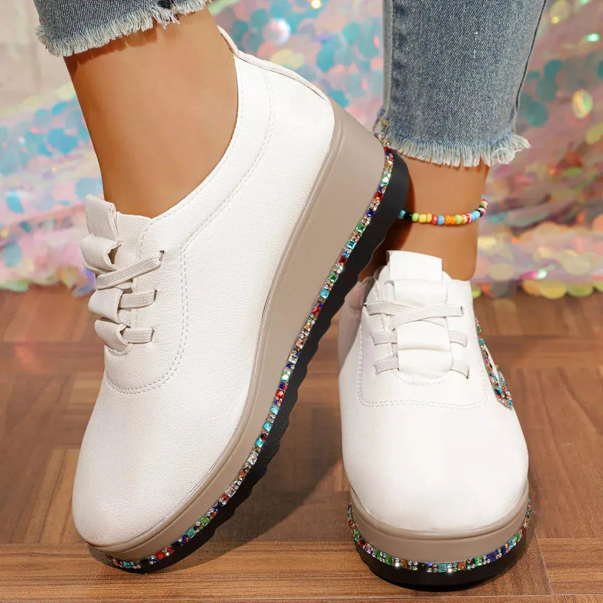 Rhinestone Round Toe Wedge Sneakers Simply Love