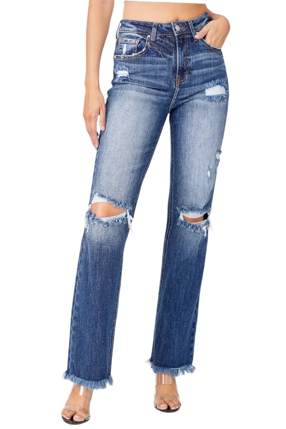 Risen Full Size Raw Hem Distressed Straight Jeans.