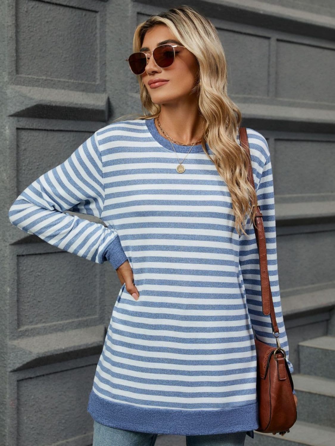 Striped Round Neck Long Sleeve T-Shirt.