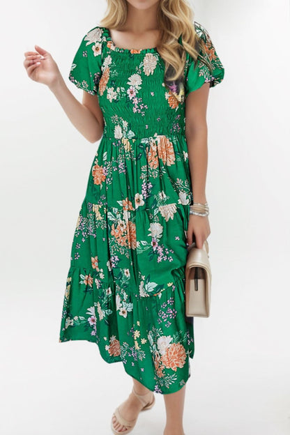 Smocked Printed Puff Sleeve Midi Dress.