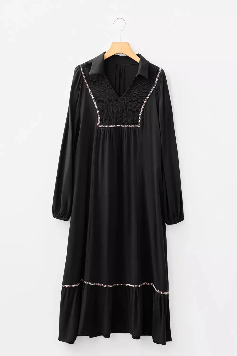 Collared V Neck Smocked Detail Contrast Leopard Trim Dress Simply Love
