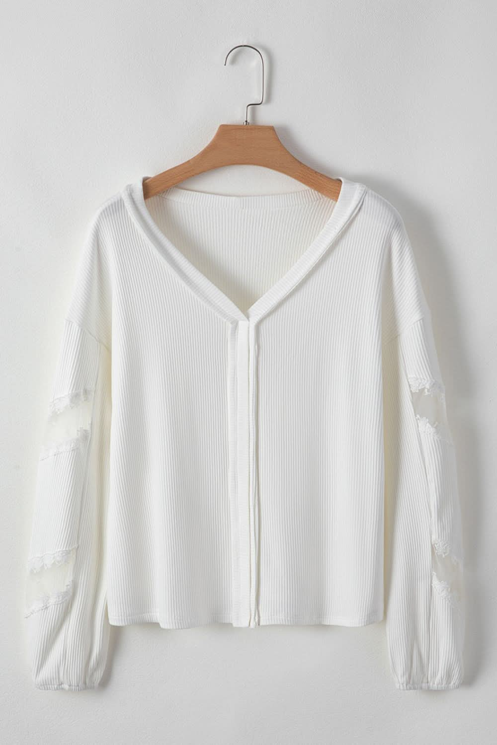 Lace Trimmed Ribbed Drop Sleeve Blouse