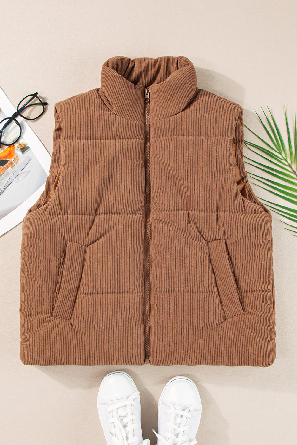 Cozy coffee corduroy puffer vest with stand neck and zipper closure