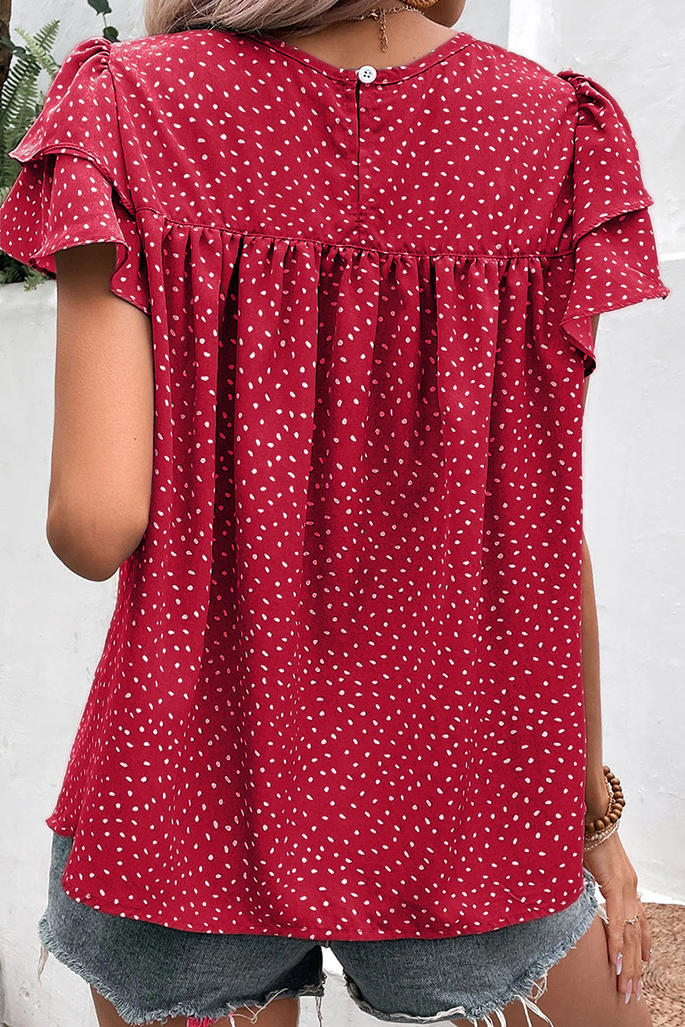 Fiery Red Spotted Print Pleated Ruffle Sleeve Blouse Divine Design4U