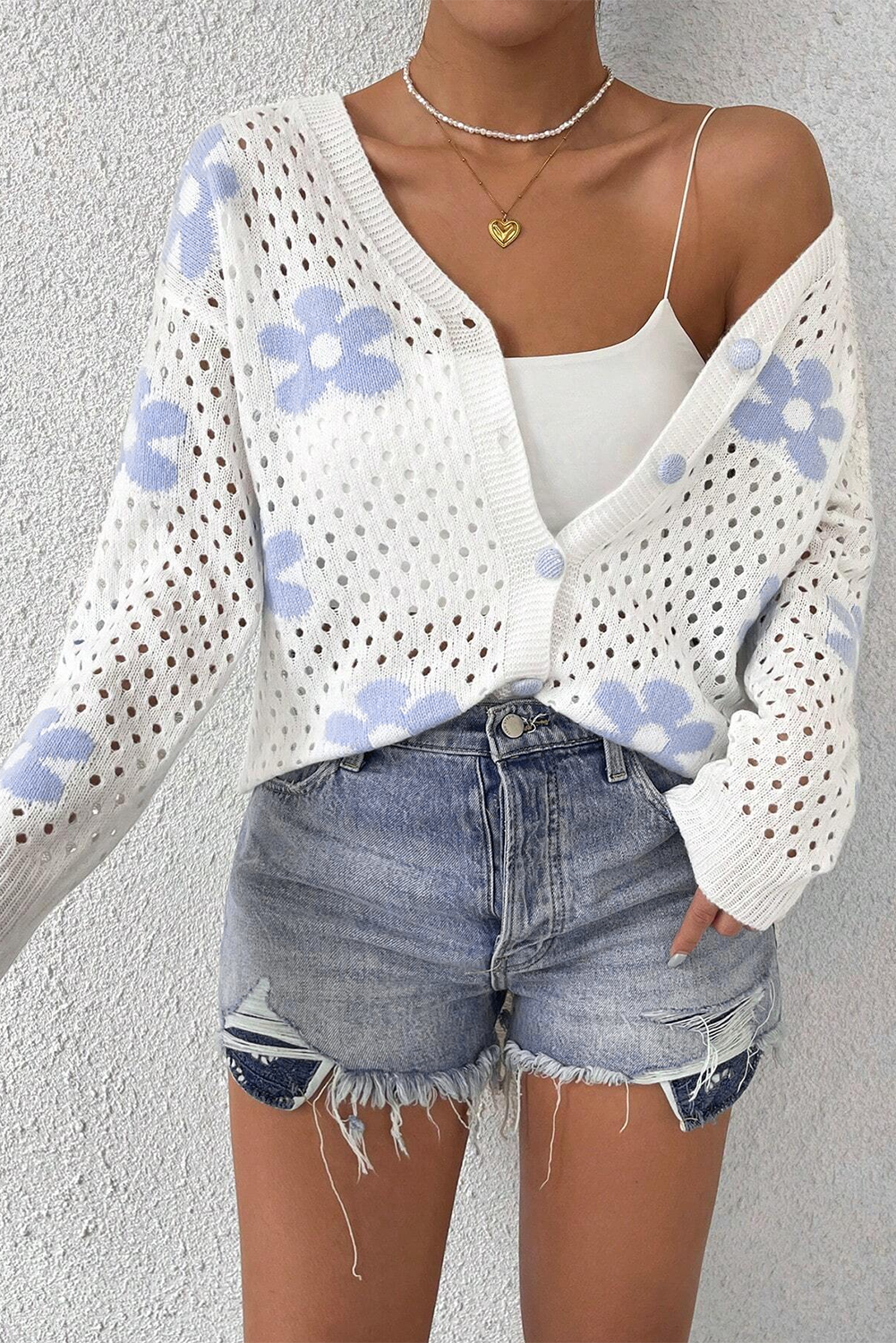 Floral Open Knit Short Cardigan in White