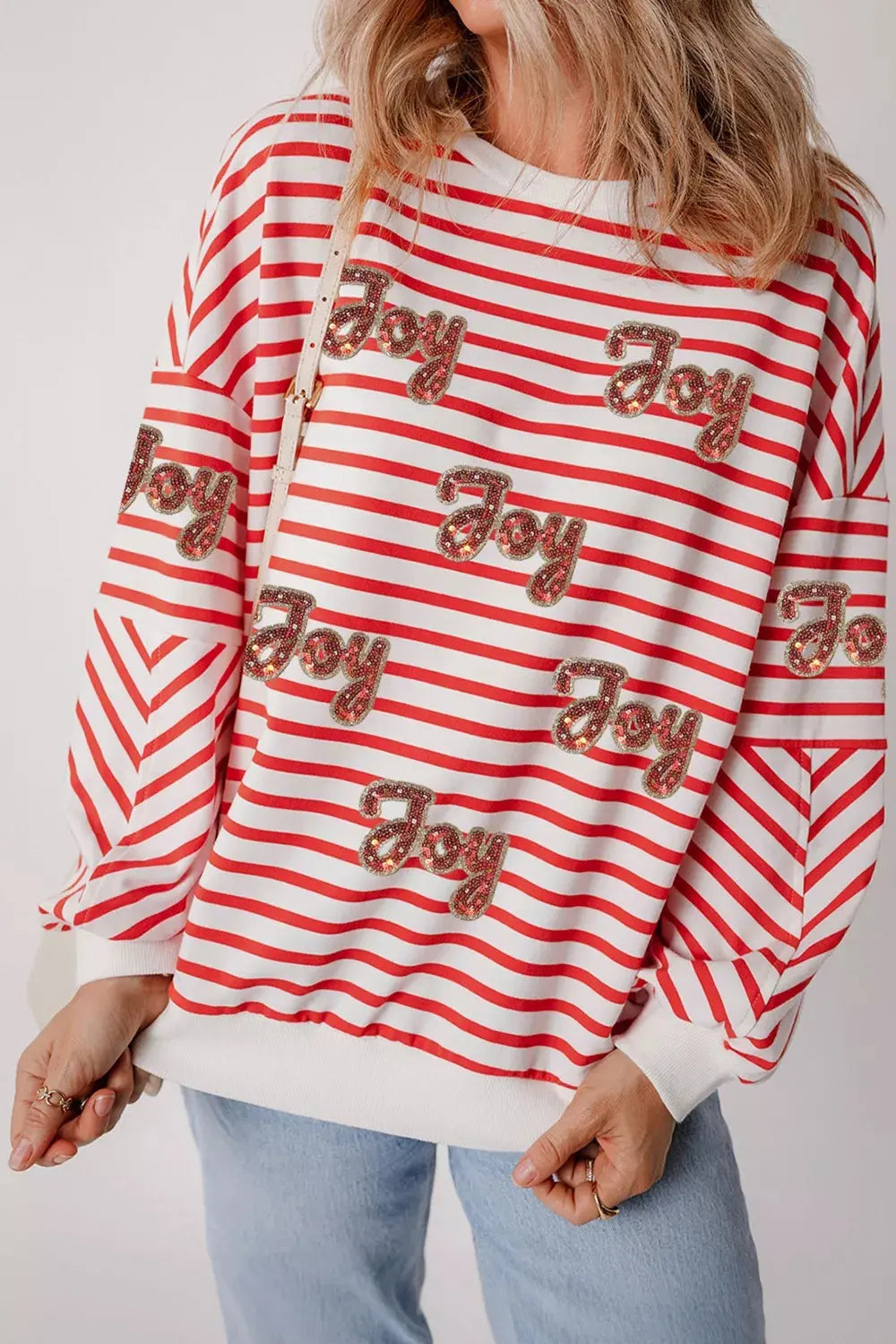 Stripe Sequined Joy Pattern Patchwork Sleeve Round Neck Sweatshirt Simply Love