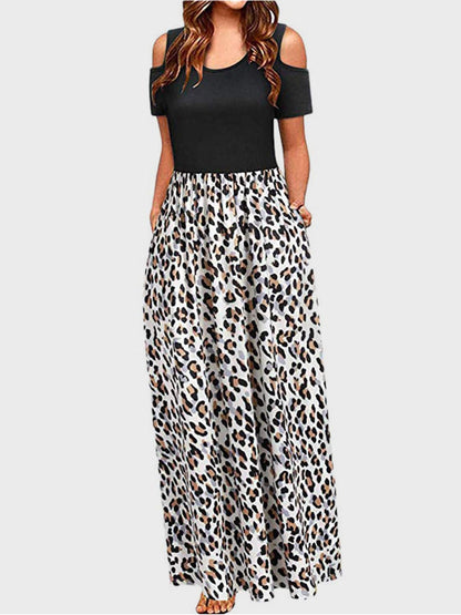 Leopard Round Neck Cold Shoulder Dress.