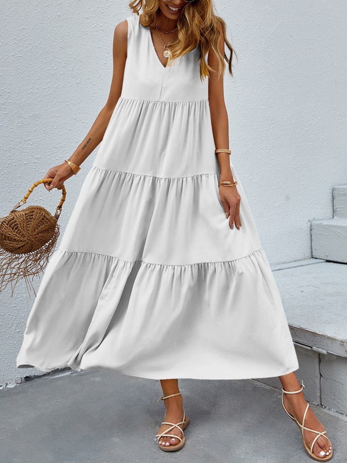 Tiered V-Neck Sleeve Dress.