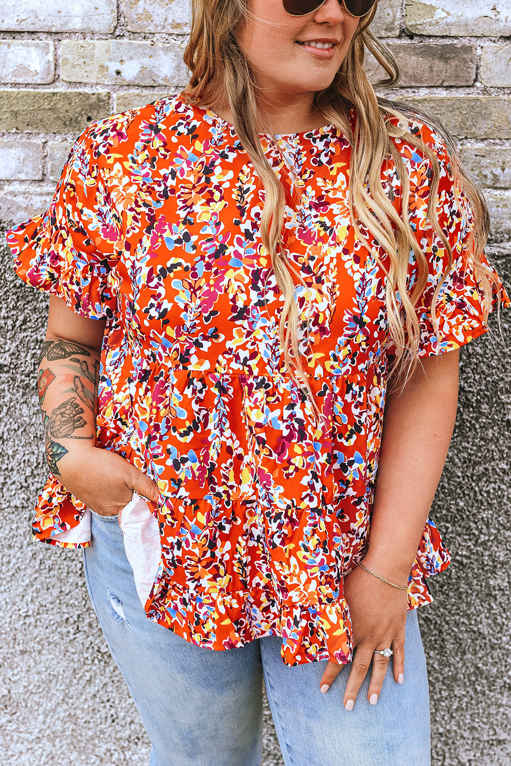 Chic orange floral ruffle sleeve babydoll top for curvy figures