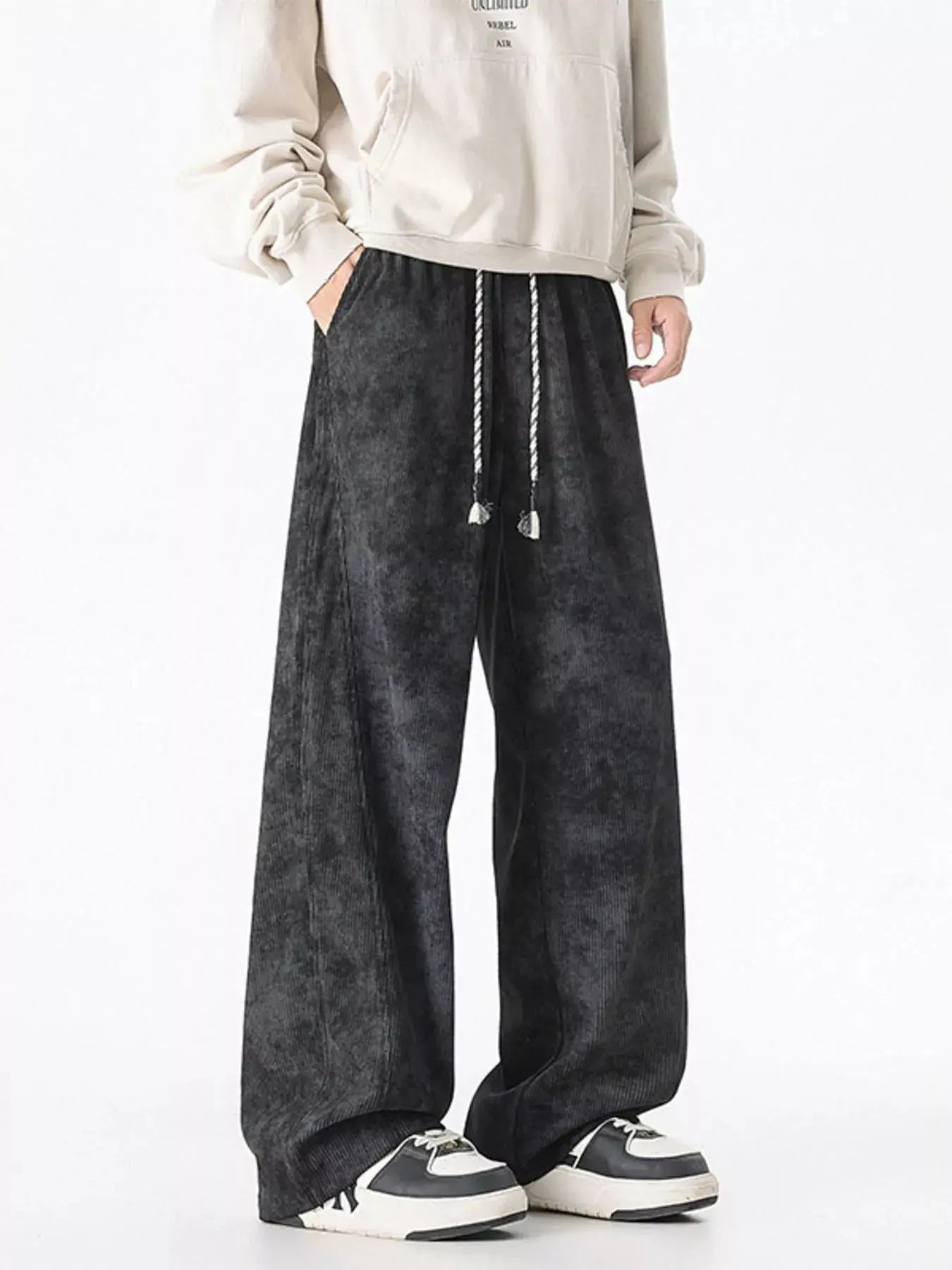 Men's Plus Size Vintage Wash Wide Leg Drawstring Polyester Pants With Pockets Simply Love