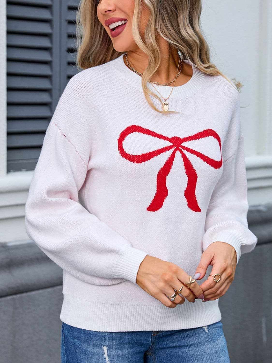 Charming bow print long sleeve sweater - Love Salve 