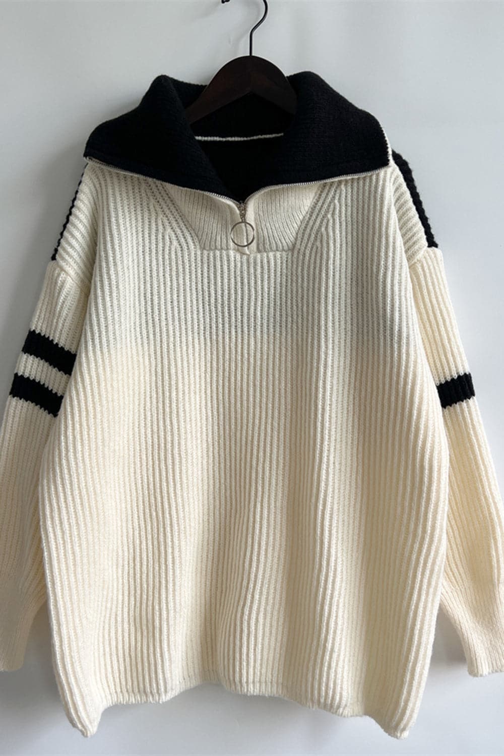 Quarter Zip Striped Dropped Shoulder Sweater.