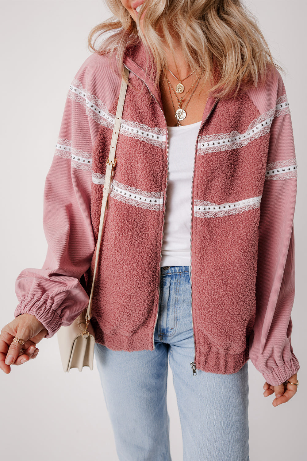 Cozy rose pink sherpa jacket with lace detailing and zip-up style